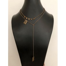 Colier Christian Dior cu pandantiv pătrat și motive CD cu albine din alamă și stea, cu lanț dublu