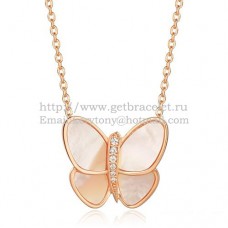 Colier cu pandantiv Van Cleef Arpels Flying Butterfly din aur roz cu diamante albe din sidef