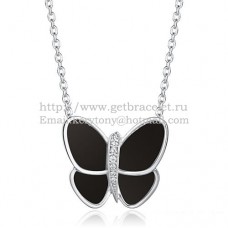 Colier cu pandantiv Van Cleef Arpels Flying Butterfly din aur alb cu diamante din onix negru