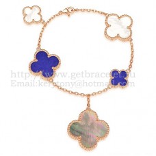 Brățară Van Cleef Arpels Magic Alhambra cu 5 motive din aur roz și lapislazuli gri alb, sidef