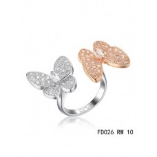 Inel Van Cleef Arpels cu două fluturi între deget, aur roz, rotund, safire roz